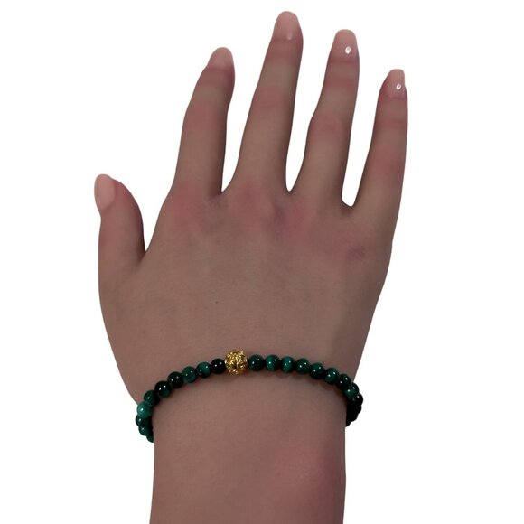 18K Gold Money Coin Ball Charm Bracelet Mini Gemstone Natural Malachite 4mm - Picture 8 of 8